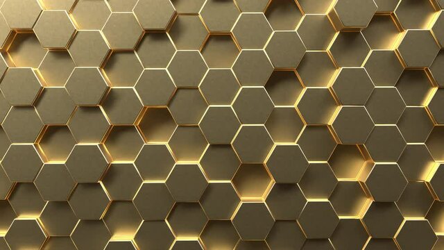 Golden hexagon honeycomb moving up and down randomly background. Gold abstract art and geometric concept. 4K footage motion graphic video. Seamless looping