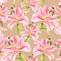 seamless pattern with pink flowers lilies on beige background, hand painted watercolor