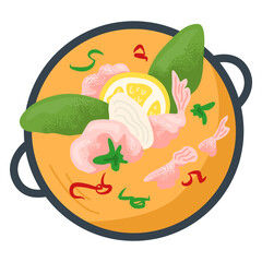 Bowl orange broth with green leaf, lemon slice and pink shrimp, concept restaurant foodstuff flat vector illustration, isolated on white. Delicious bouillon meal, delicacy cream soup.