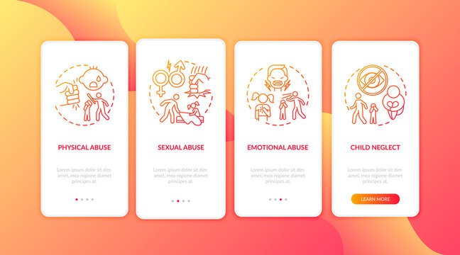 Children abuse red onboarding mobile app page screen with concepts. Kid harassment. Child neglect walkthrough 4 steps graphic instructions. UI vector template with RGB color illustrations