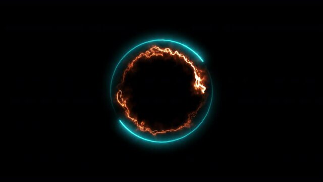 Colorful of orange fire and blue concentric circle line neon blaze glow round animation loop on a black background. 