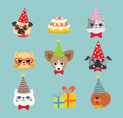 Puppy party background. Cute greeting card with presents, dogs, cats and puppies