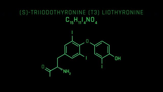 S-triiodothyronine T3 also called liothyronine Molecular Structure Symbol Neon Animation on black background