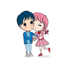 Pretty girl kisses the boy. Kawaii chibi Valentine's Day.