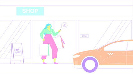 Woman  after shopping. Call at taxi.
Cab car in screen
