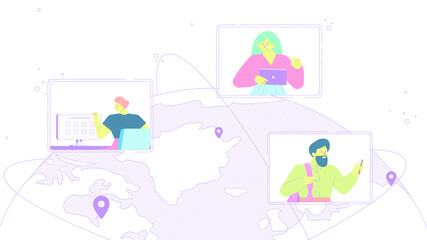 Social network. At illustration people use device and planet.