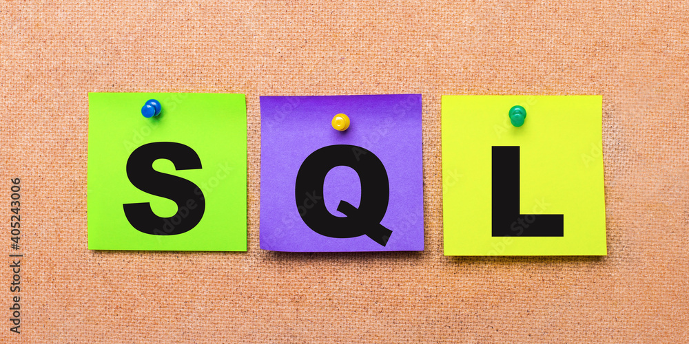 Poster on a beige background, multi-colored stickers for notes with the word sql