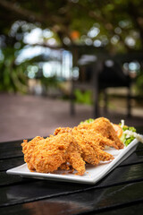 Golden brown fried chicken wings on wooden table.