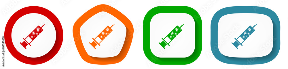 Poster vaccine, injection, syringe symbol vector icon set, flat design buttons on white background