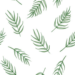 Tropical leaves watercolour seamless pattern on white background - for fabric, wrapping, textile, wallpaper, background.
