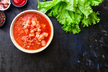 red tomato soup borscht fresh first course bouillon meat and vegetables ready to eat on the table meal snack outdoor top view copy space for text food background rustic image