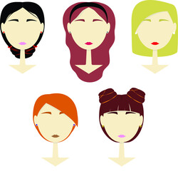Set of icons of five girls with different hairstyles. Vector flat illustration. Design for icons, avatars, cards, posters. © AlOsmachkina