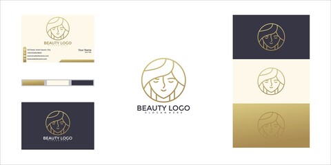 Beauty woman logo design with line style and business card
