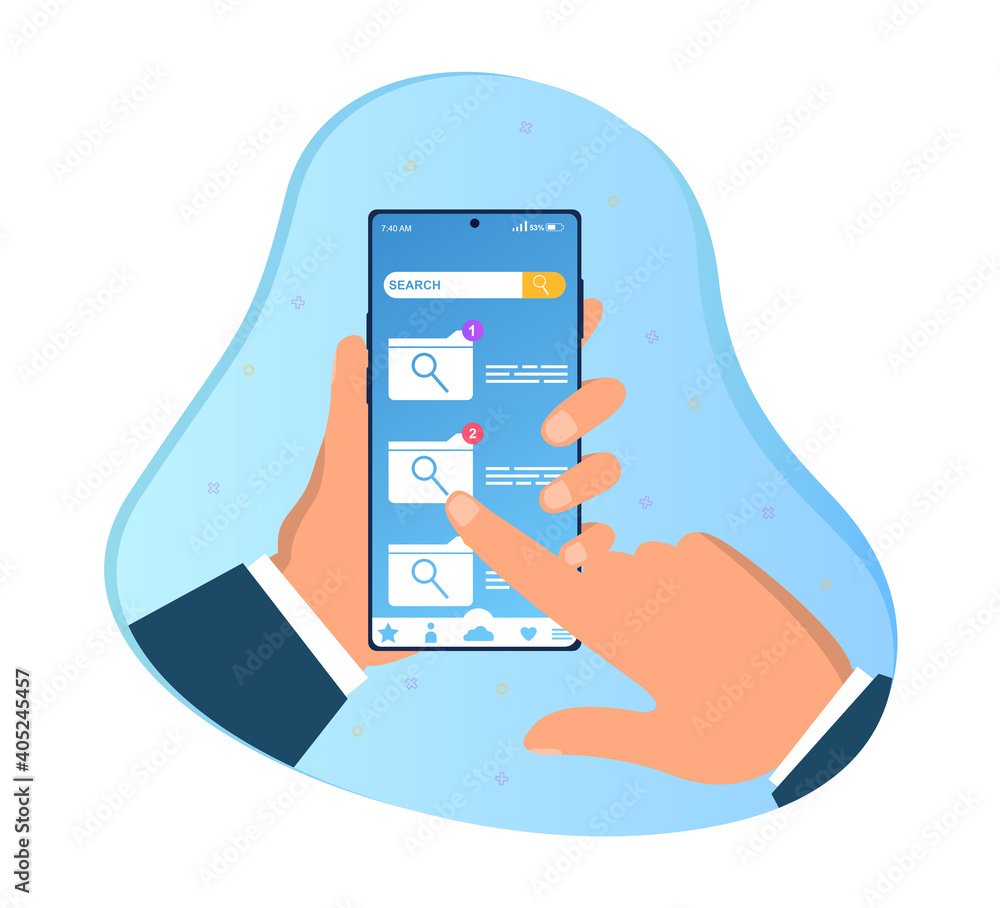 Poster hand is holding smartphone with folder search. man is searching for a folder on touchscreen device w