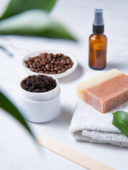 Concept spa. Natural ingredients for home body coffee scrub with  oil.  Body skin care