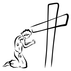 man in tattered clothes prays next to the cross, repentance