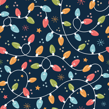 Holiday Christmas and New Year String Colorful Fairy Lights on Dark Background Vector Seamless Pattern. Winter Holiday Print.