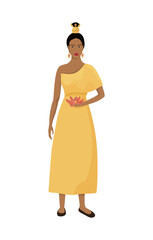 A Thai girl or woman stands with a lotus flower in her hands. Thai folk costume and hairstyle for the holiday.