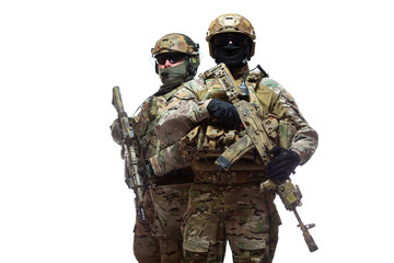 Portrait of two soldiers in camouflage, unloading vests, helmets and balaclavas, one standing behind the other, armed with machine guns waiting for the command to attack, isolated on white background