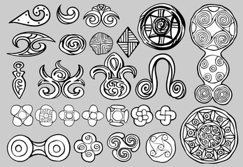 Set of vector hand drawn elements of medieval ornament in tribal, ethnic or boho style. Simple line objects, emblems and decor in black and white colors.