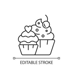Muffins linear icon. Cupcakes with icing and sprinkles. Confectionery for party. Thin line customizable illustration. Contour symbol. Vector isolated outline drawing. Editable stroke