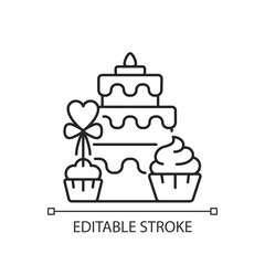Candy bars linear icon. Buffet with cupcakes and muffins. Cake for wedding celebration. Thin line customizable illustration. Contour symbol. Vector isolated outline drawing. Editable stroke