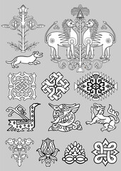 Obraz premium Set of vector arabian ornamental motifs and elements of floral, zoo and abstract Islamic decor in black and white colors.