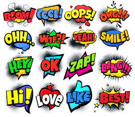 Retro comic splashes, explosions, exclamations. Vector illustration