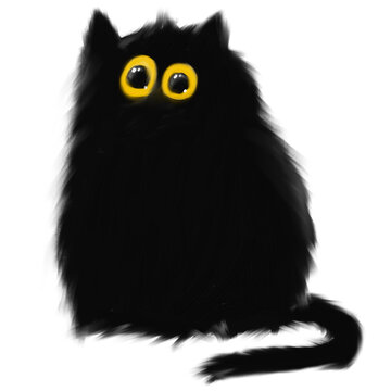 cute black cat with big yellow eyes and charming glance, clipart with cartoon character, t-shirt design