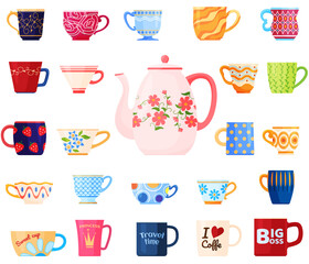 Set of different mugs. Different shapes and patterns on the cup. Tea party. Background. Vector illustration