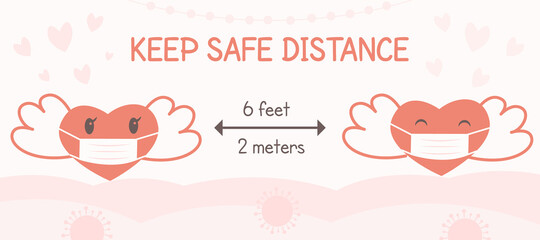 Two cute red angel hearts with wings wearing medical face mask and keeping social distance. Concept for Valentine Day 2021 during pandemic COVID. Keep safe distance capture. Vector banner or poster.
