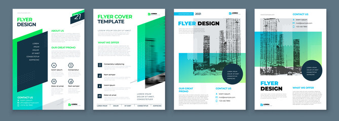 Flyer Design Set. Green Modern Flyer Background Design. Template Layout for Flyer. Concept with Dynamic Line Shapes. Vector Background.