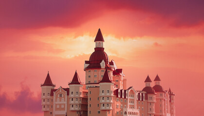 Dreamy castle on a background of fairy sunset sky.