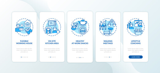 Workspace wellness examples onboarding mobile app page screen with concepts. Kitchen area, healthy snacks walkthrough 5 steps graphic instructions. UI vector template with RGB color illustrations