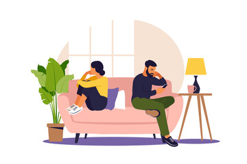 Man and a woman in a quarrel. Conflicts between husband and wife. Two characters sitting back to back, disagreement, relationship troubles. Concept of divorce, misunderstanding in family. Vector.