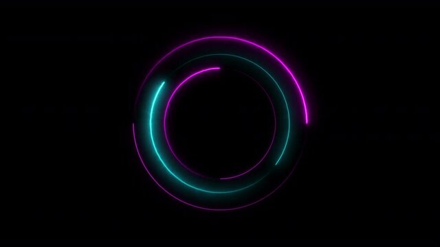Colorful of pink and blue concentric circle line neon blaze glow round animation loop on a black background. 