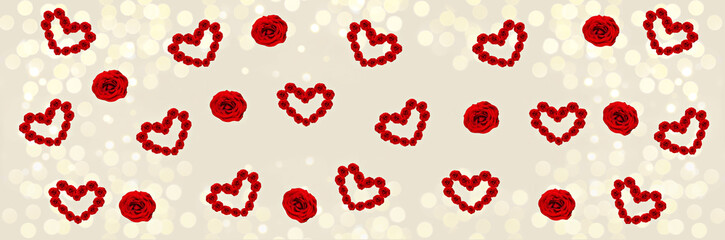 Beige widescreen bokeh background with scattered little rose hearts. The Concept Of Valentine's Day