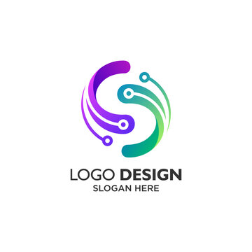 Abstract letter S and circuits for technology and security logo design
