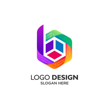 Colorful letter B and box for technology and app logo design
