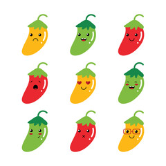 Set, collection of cute vector cartoon chili pepper characters, emoji isolated on white background.
