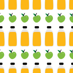 Apple cider vinegar or juice bottles and apple fruits vector cartoon seamless pattern background.