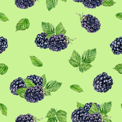 Watercolor seamless pattern blackberries on a color background.