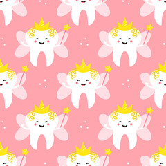 Vector seamless pattern background with cute tooth fairy cartoon character in crown holding magic wand for tooth fairy day.
