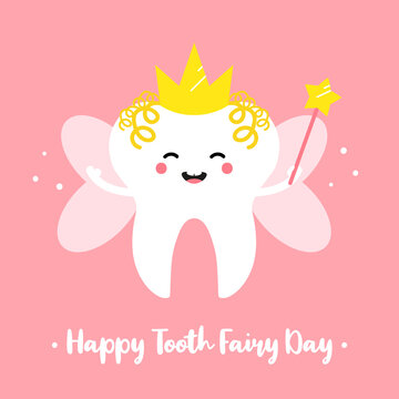 Happy tooth fairy day vector illustration, card with cute tooth fairy cartoon character in crown holding magic wand.
