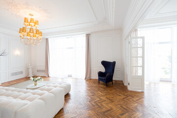 modern interior of a luxurious large bright two-room apartment. white walls, luxurious expensive furniture, parquet flooring and white interior doors