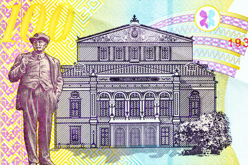 Selective focus on detail of lei banknotes. Close up macro detail of romanian lei banknotes, 100 lei isolated. World money concept, inflation and economy concept