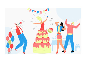 Girl character jumping out of cake, people cheerful time spend together, funny human holiday dance flat vector illustration, isolated on white. Concept smiling entertainment, celebration birthday.