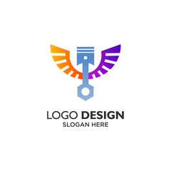 Piston and colorful wings for automotive logo design
