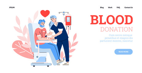 Blood donation clinic web page interface with characters of volunteer and nurse, flat cartoon vector illustration. Blood donation charity campaign web banner.