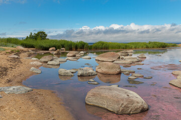 Baltic sea shore with boulders. Daytime.